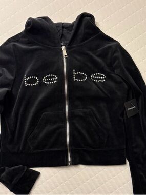 bebe Black Velour Logo Zip-Up Hoodie